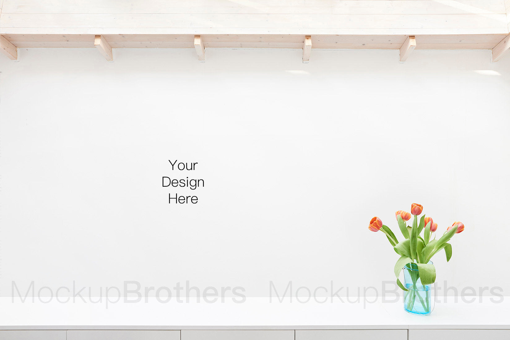Modern interior stock photo with blank wall and tulip