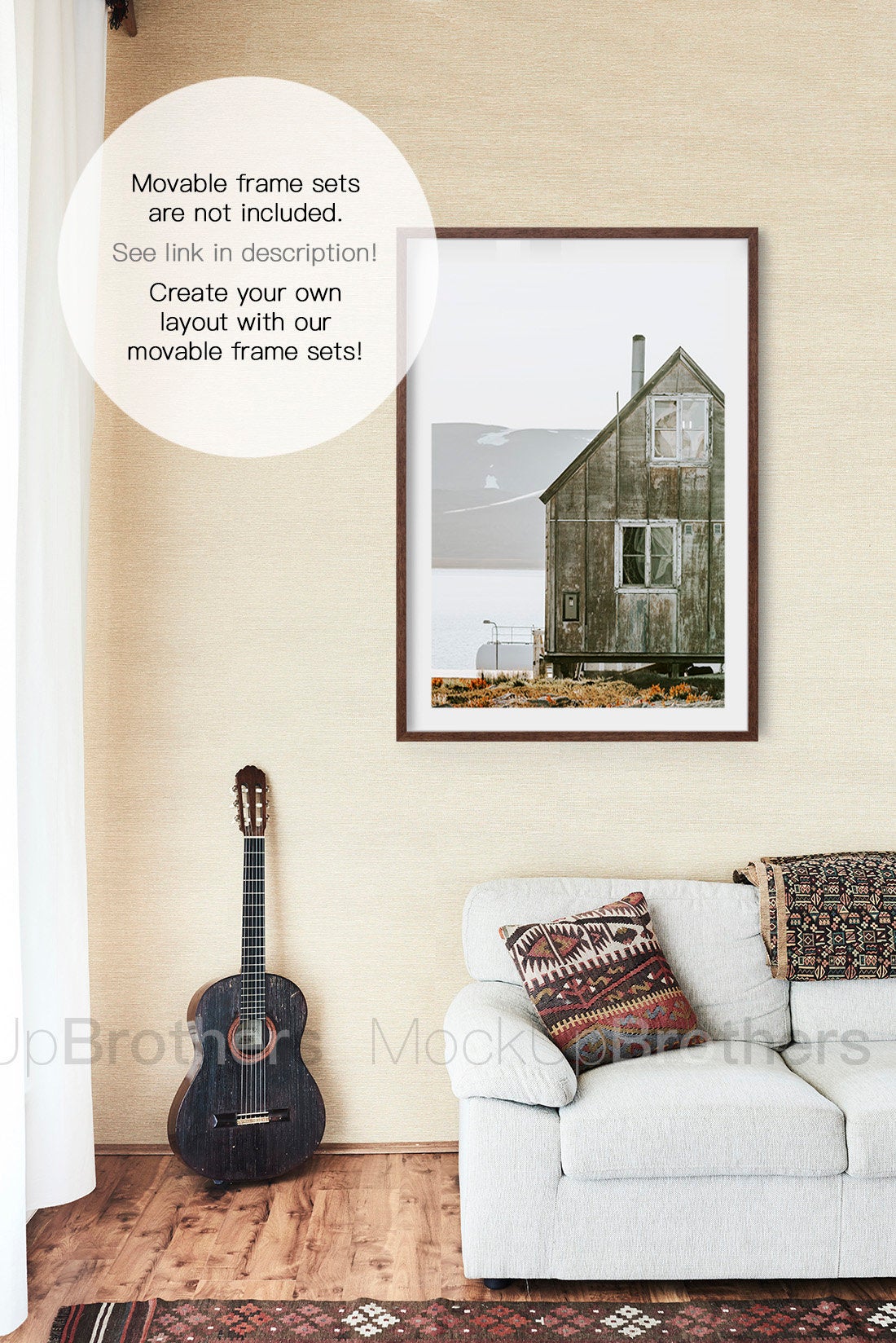 Rustic living room mockup with blank wall and frame
